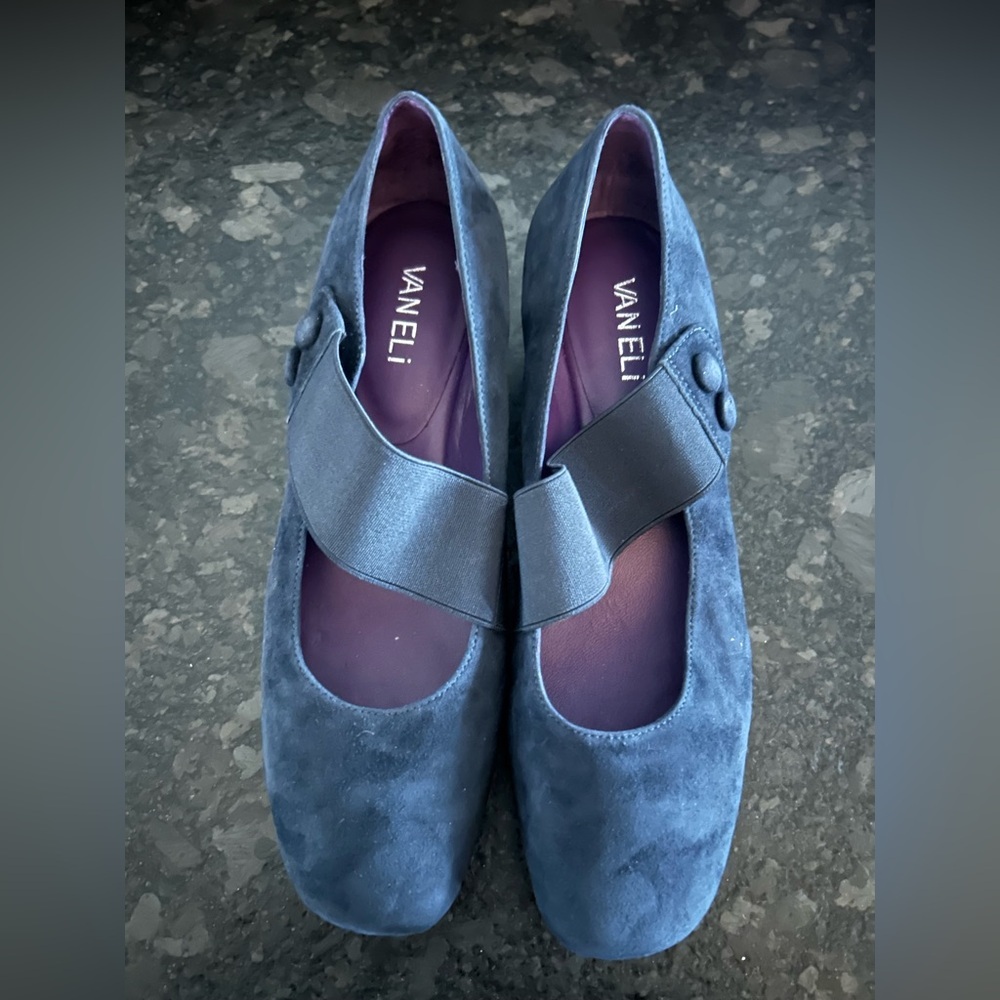 Vaneli Navy Blue Suede “Mary” Hidden Wedge Shoes